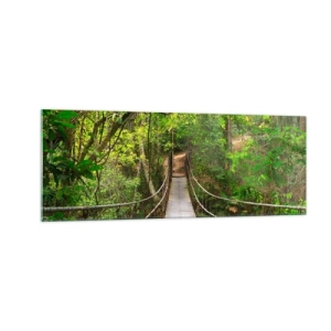Impression sur verre - Image sur verre - Un pont suspendu entouré d'une forêt tropicale verte - 140x50cm - Parce qu'il y a une plante grimpante dans le jardin - Décoration murale moderne pour le salon et la chambre ARTTOR