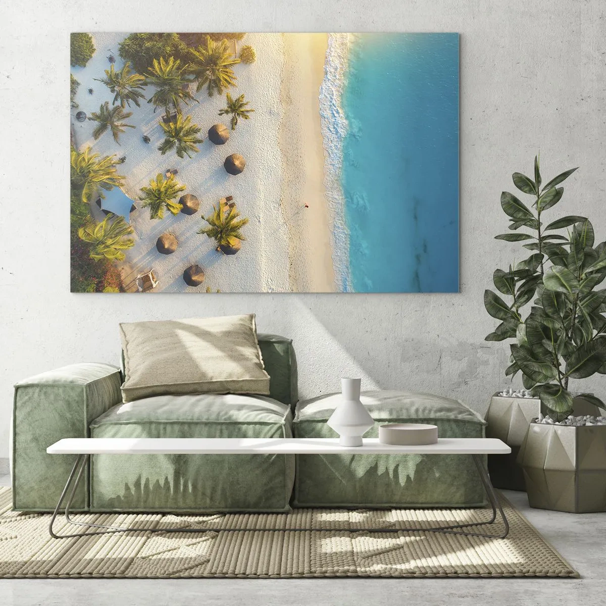 Impression sur verre - Image sur verre - Vue aérienne d'une plage tropicale avec palmiers et parasols - 70x50cm - Bienvenue au paradis - Décoration murale moderne pour le salon et la chambre ARTTOR