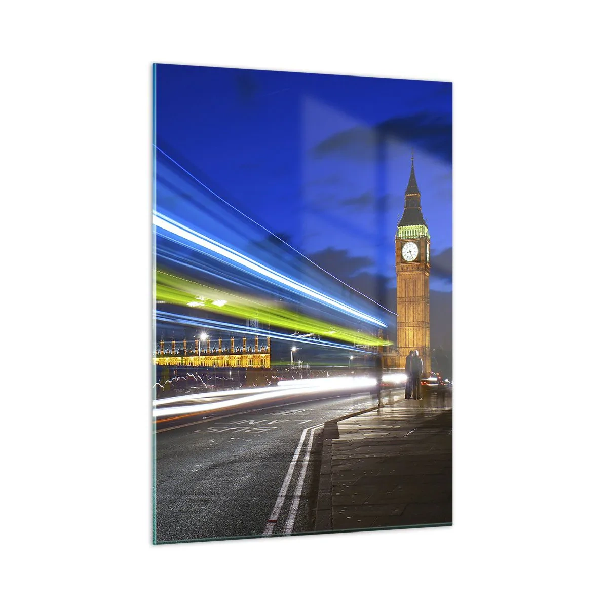 Impression sur verre - Image sur verre - Big Ben la nuit avec des phares de voiture flous - 50x70cm - Sous l'œil de Big Ben - Décoration murale moderne pour le salon et la chambre ARTTOR