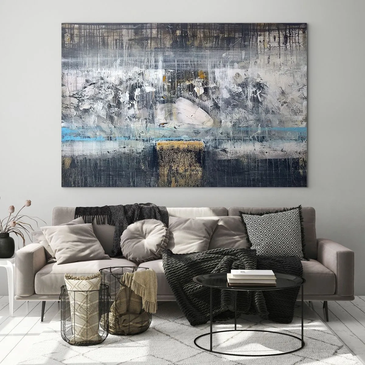Impression sur verre - Image sur verre - Un paysage abstrait dominé par le gris et le bleu. - 100x70cm - Comme sur la glace, comme après décembre - Décoration murale moderne pour le salon et la chambre ARTTOR