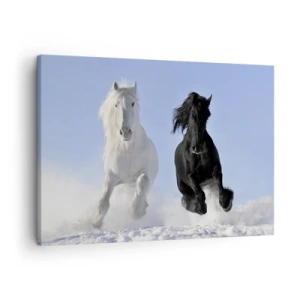 Impression sur toile - Image sur toile - Un cheval blanc et un cheval noir galopant dans la neige - 70x50cm - Galop noir et blanc - Décoration murale moderne pour le salon et la chambre ARTTOR