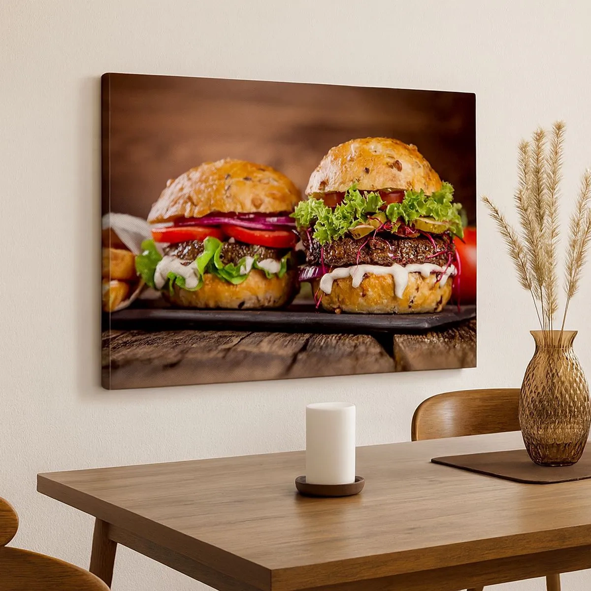 Impression sur toile - Image sur toile - Burgers appétissants avec légumes et sauce - 70x50cm - American dream - Décoration murale moderne pour le salon et la chambre ARTTOR