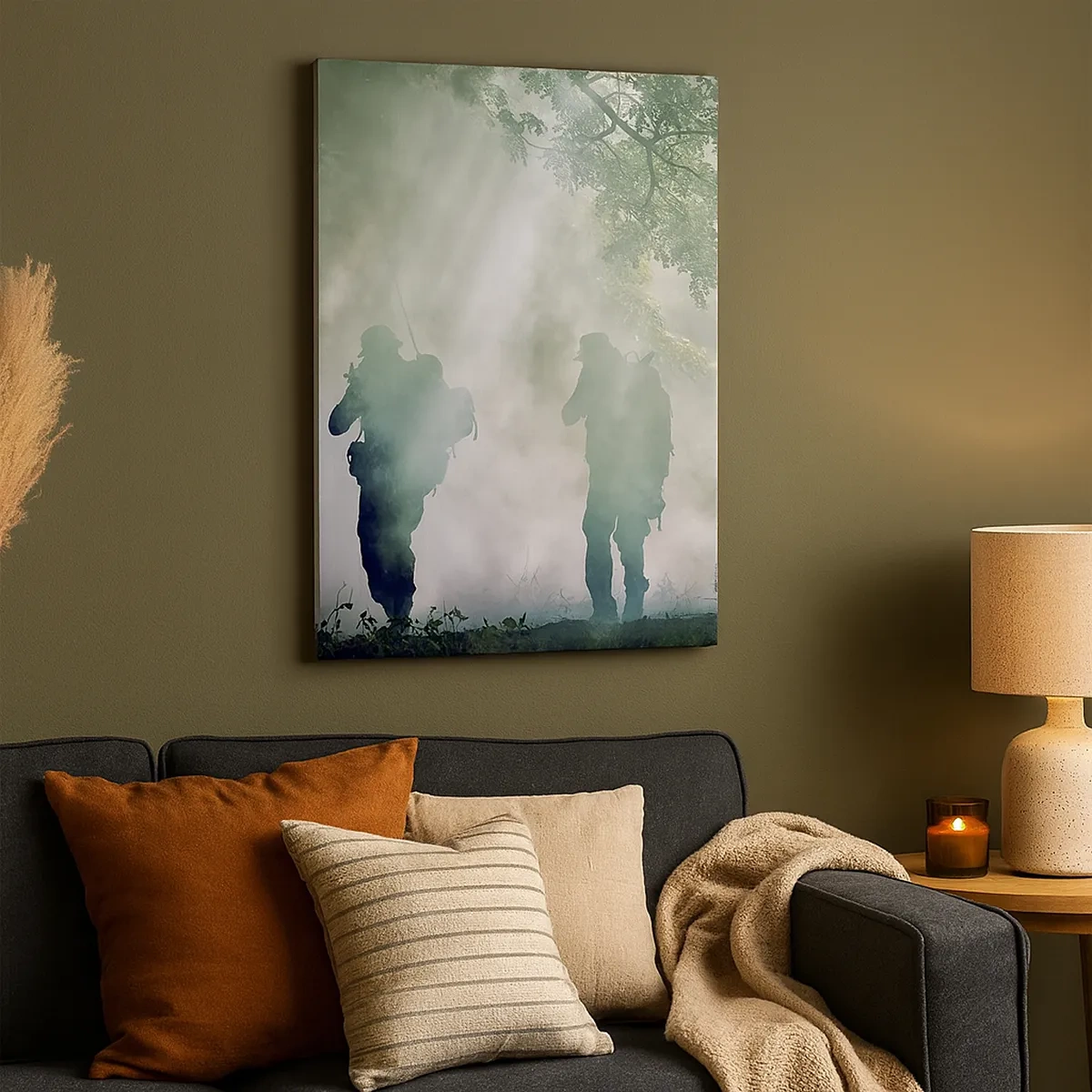 Impression sur toile - Image sur toile - Silhouettes de soldats dans une forêt entourée de brouillard - 50x70cm - Un pour tous… - Décoration murale moderne pour le salon et la chambre ARTTOR