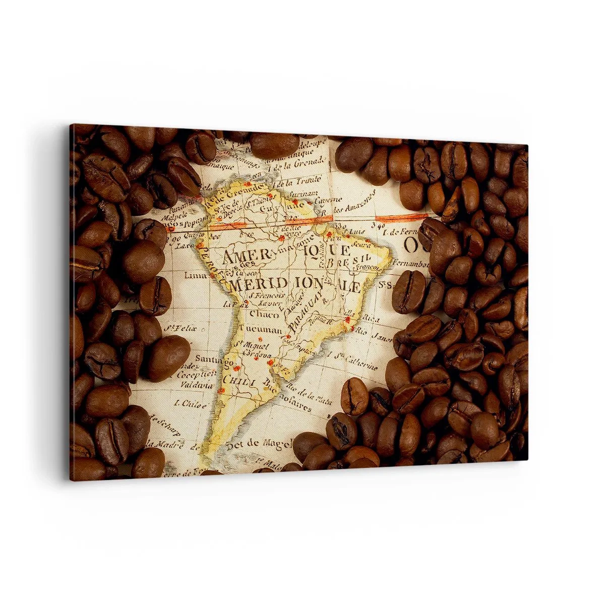 Impression sur toile - Image sur toile - Une carte de l'Amérique du Sud entourée de grains de café. - 120x80cm - D'où vient le meilleur café ? - Décoration murale moderne pour le salon et la chambre ARTTOR