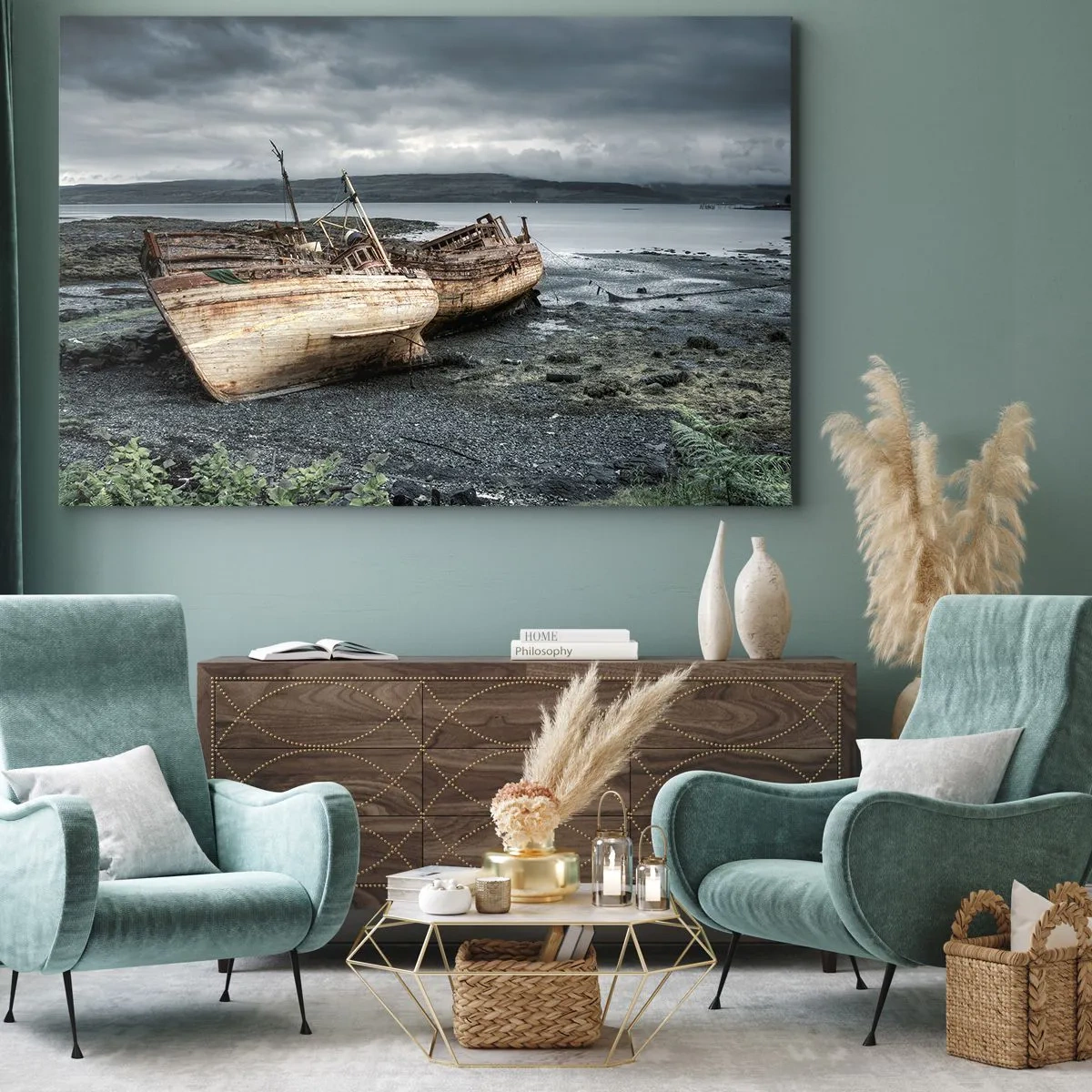 Impression sur toile - Image sur toile - Bateaux abandonnés sur le rivage dans une scène pluvieuse - 100x70cm - "En signe d'épreuves difficile" - Décoration murale moderne pour le salon et la chambre ARTTOR