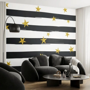 Papier Peint Photo Premium Canvas - Rayures noires et blanches avec étoiles dorées - 100x70cm - Nous sommes tous nés sous une bonne étoile - Décoration murale moderne pour le salon et la chambre ARTTOR