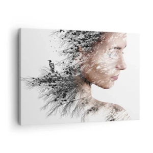 Impression sur toile - Image sur toile - Silhouette d'une femme avec un motif de branche et d'oiseau en arrière-plan - 70x50cm - L'âme de la forêt - Décoration murale moderne pour le salon et la chambre ARTTOR