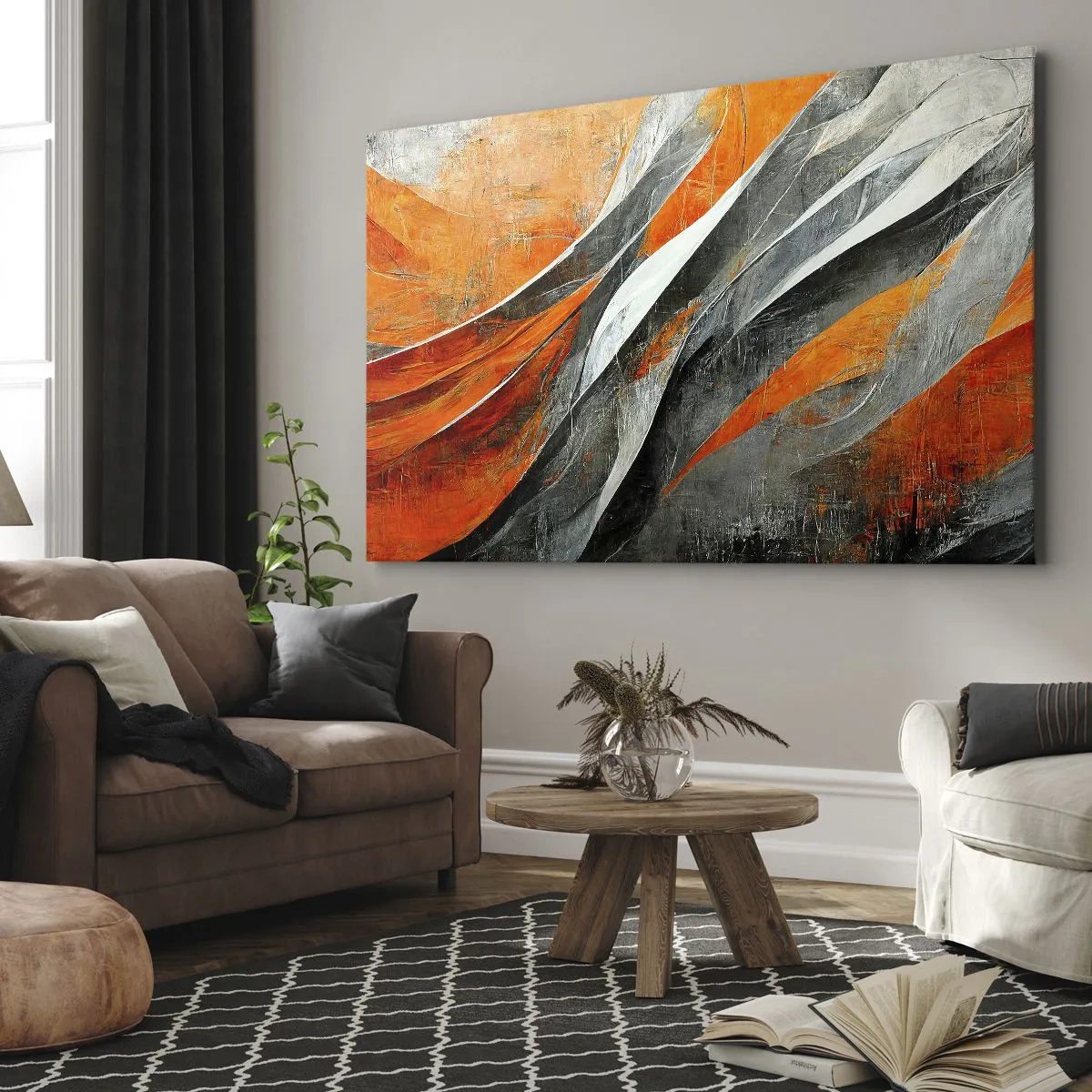 Impression sur toile - Image sur toile - Lignes abstraites dans les tons orange et gris - 70x50cm - Chaleur et froid - Décoration murale moderne pour le salon et la chambre ARTTOR