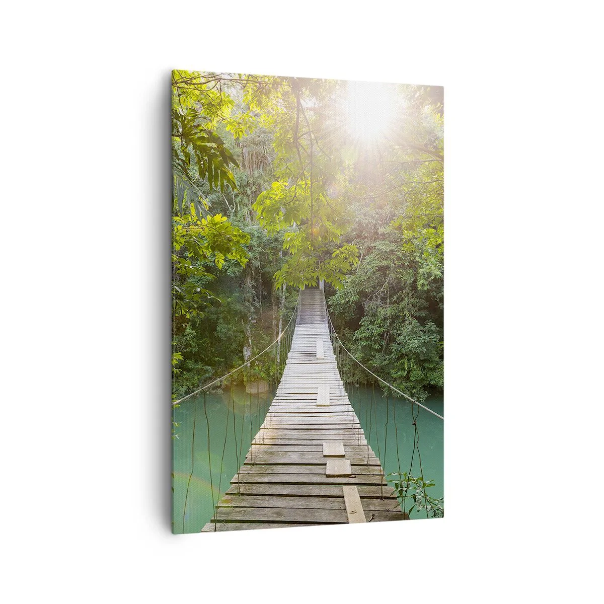 Impression sur toile - Image sur toile - Un pont suspendu dans une forêt tropicale illuminée par la lumière du soleil. - 80x120cm - De l'eau azur à la forêt azur - Décoration murale moderne pour le salon et la chambre ARTTOR