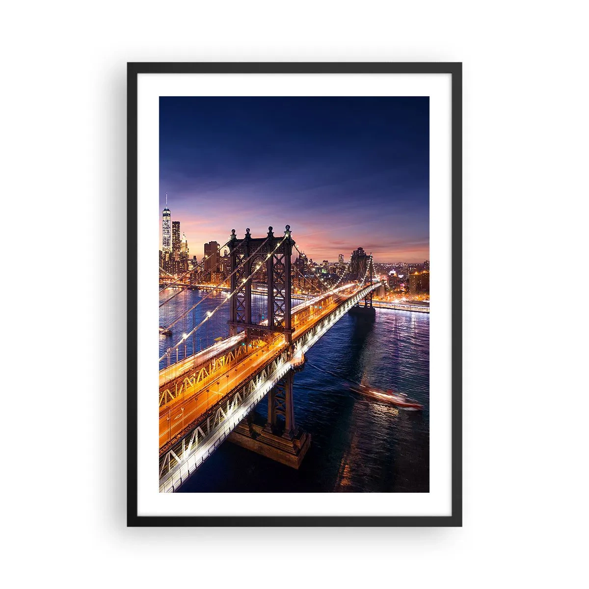 Affiche dans un cadre noir - Poster - Pont de New York la nuit avec vue sur la ville - 50x70cm - Un pont lumineux au cœur de la ville - Décoration murale moderne pour le salon et la chambre ARTTOR