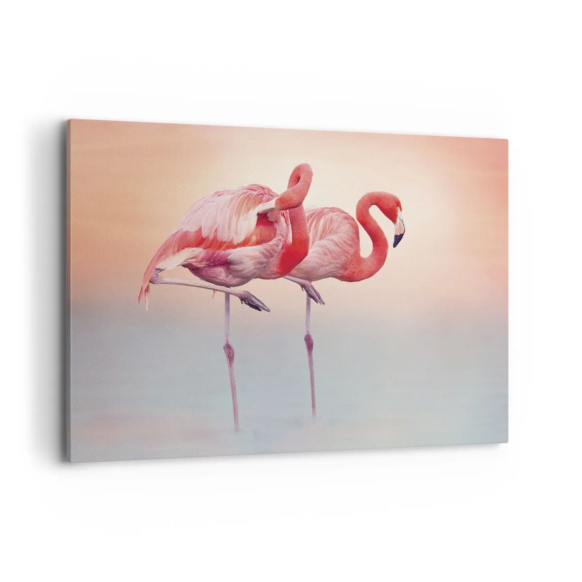 Impression sur toile - Image sur toile - Flamants roses aux couleurs pastel délicates sur fond d'eau - 100x70cm - Dans les couleurs du soleil couchant - Décoration murale moderne pour le salon et la chambre ARTTOR