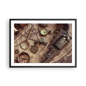 Affiche dans un cadre noir - Poster - Objets anciens sur une vieille carte dans un style rétro - 70x50cm - L'aventure appelle - Décoration murale moderne pour le salon et la chambre ARTTOR