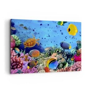 Impression sur toile - Image sur toile - Récif corallien avec des poissons colorés et une tortue de mer - 100x70cm - Et que sait-on de la vie… - Décoration murale moderne pour le salon et la chambre ARTTOR