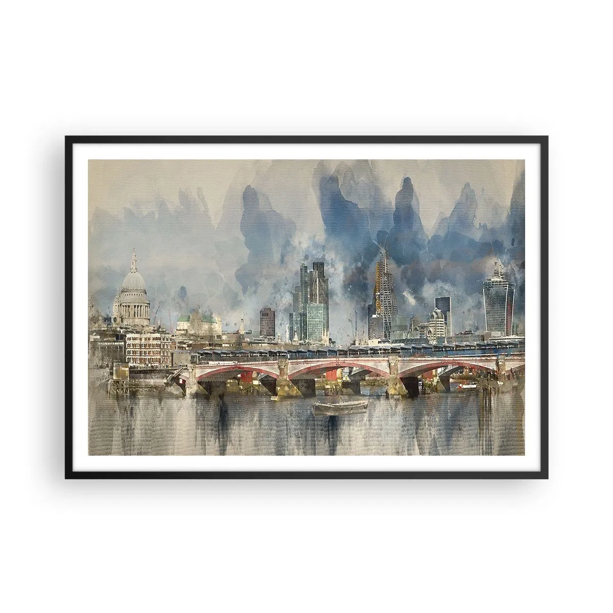 Affiche dans un cadre noir - Poster - Vue à l'aquarelle du pont et des toits de la ville - 100x70cm - Londres dans toute sa splendeur - Décoration murale moderne pour le salon et la chambre ARTTOR
