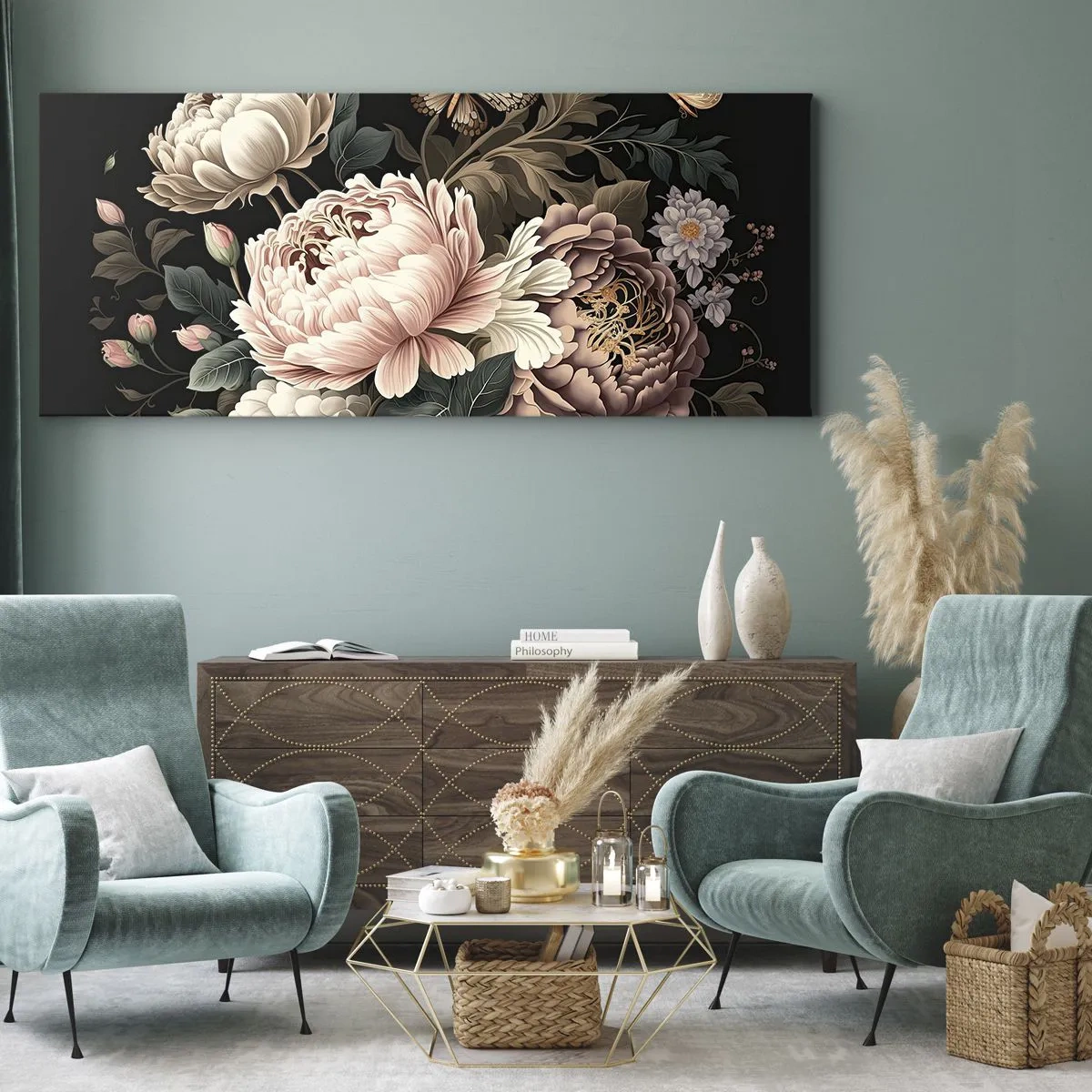 Impression sur toile - Image sur toile - Un bouquet de fleurs roses et de papillons sur fond noir - 140x50cm - De style baroque - Décoration murale moderne pour le salon et la chambre ARTTOR