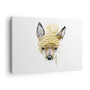 Impression sur toile - Image sur toile - Cerf aquarelle avec une casquette jaune - 70x50cm - Pour l'hiver dans la forêt enneigée - Décoration murale moderne pour le salon et la chambre ARTTOR