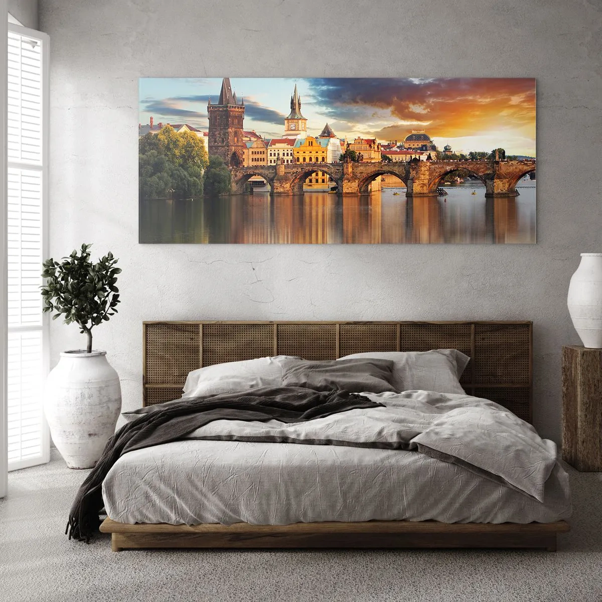 Impression sur verre - Image sur verre - Le pont historique sur la rivière à la lumière du soleil couchant - 160x50cm - Belle depuis des lustres - Décoration murale moderne pour le salon et la chambre ARTTOR