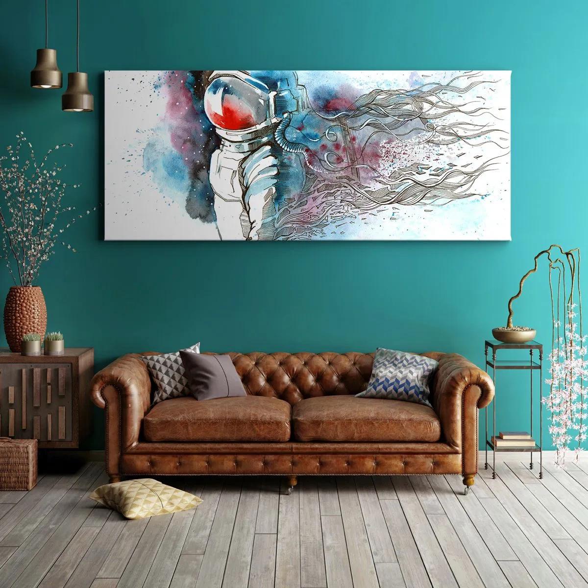 Impression sur toile - Image sur toile - Un cosmonaute dans une aquarelle dynamique avec des détails cosmiques - 160x50cm - Seul avec l'espace - Décoration murale moderne pour le salon et la chambre ARTTOR