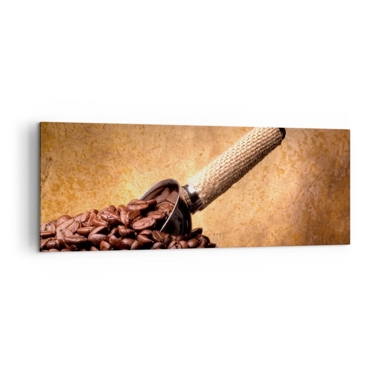 Impression sur toile - Image sur toile - Grains de café dans un sac en jute avec une cuillère en métal - 140x50cm - A la source de la saveur - Décoration murale moderne pour le salon et la chambre ARTTOR