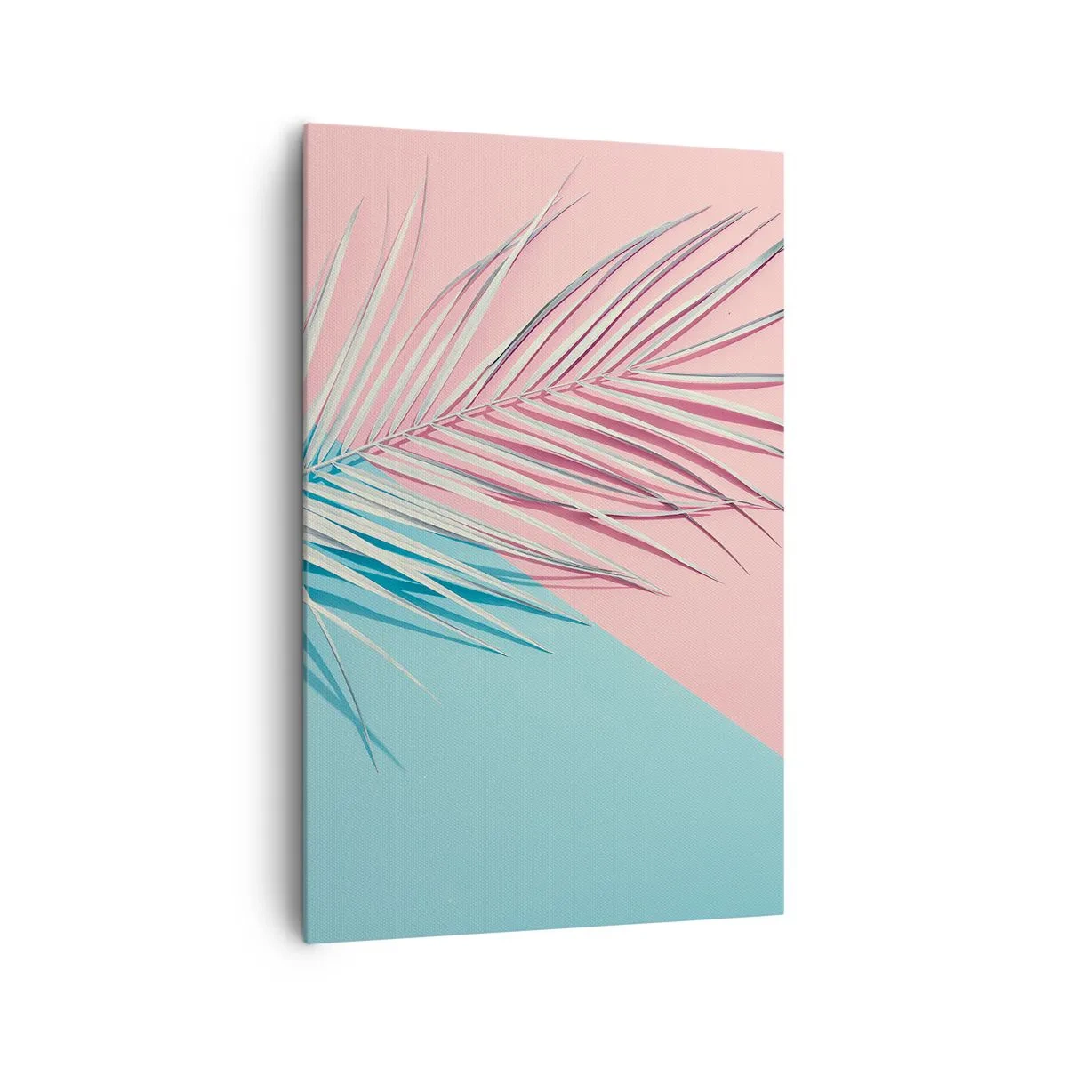 Impression sur toile - Image sur toile - Feuille tropicale sur un fond de tons pastel de rose et de bleu - 80x120cm - Impression tropicale - Décoration murale moderne pour le salon et la chambre ARTTOR
