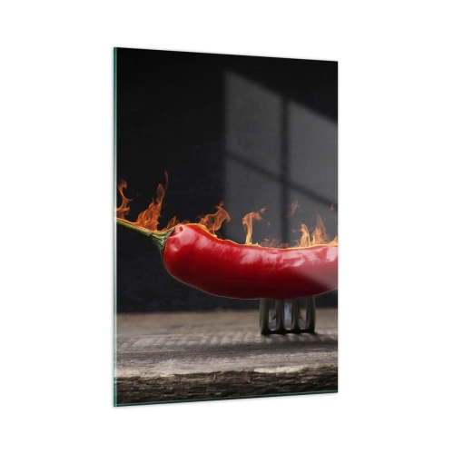 Impression sur verre - Image sur verre - Piment rouge brûlant sur fond noir - 50x70cm - Un apéritif enflammé - Décoration murale moderne pour le salon et la chambre ARTTOR