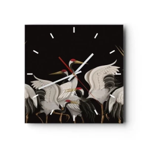 Horloge murale - Pendule murale - Grues blanches avec des accents rouges sur fond noir - 30x30cm - Histoire d'oiseaux - Décoration murale moderne pour le salon et la chambre ARTTOR