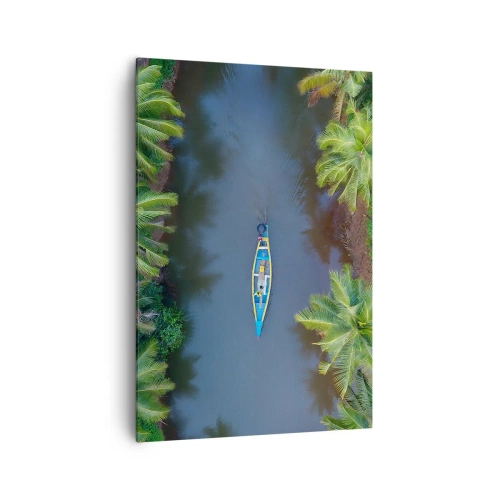 Impression sur toile - Image sur toile - Vue aérienne d'un bateau sur une rivière entourée de palmiers - 70x100cm - Sur un sentier tropical - Décoration murale moderne pour le salon et la chambre ARTTOR
