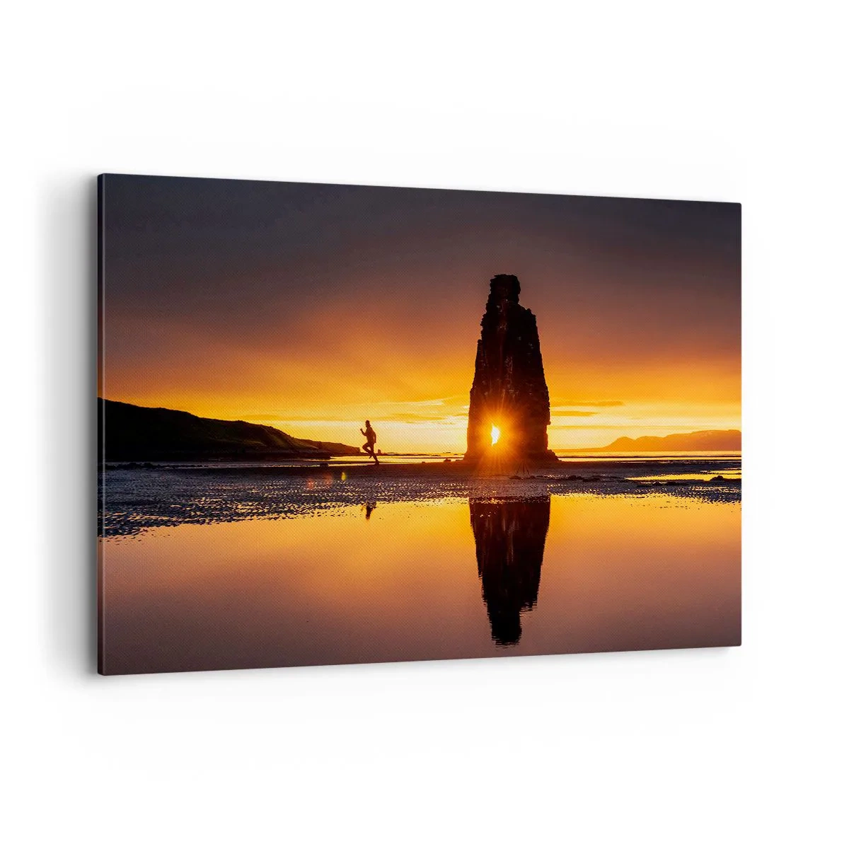Impression sur toile - Image sur toile - Personne courant sur la plage au coucher du soleil avec formation rocheuse - 120x80cm - Juste vous et la nature - Décoration murale moderne pour le salon et la chambre ARTTOR