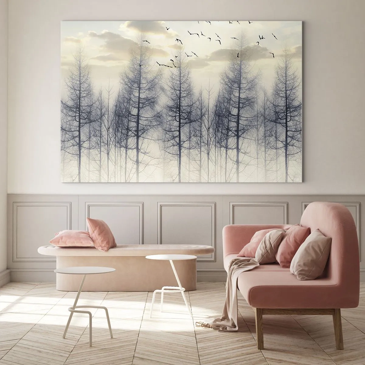 Impression sur verre - Image sur verre - Une forêt brumeuse avec des oiseaux, illuminée par le soleil levant - 100x70cm - L'âme de la forêt - Décoration murale moderne pour le salon et la chambre ARTTOR