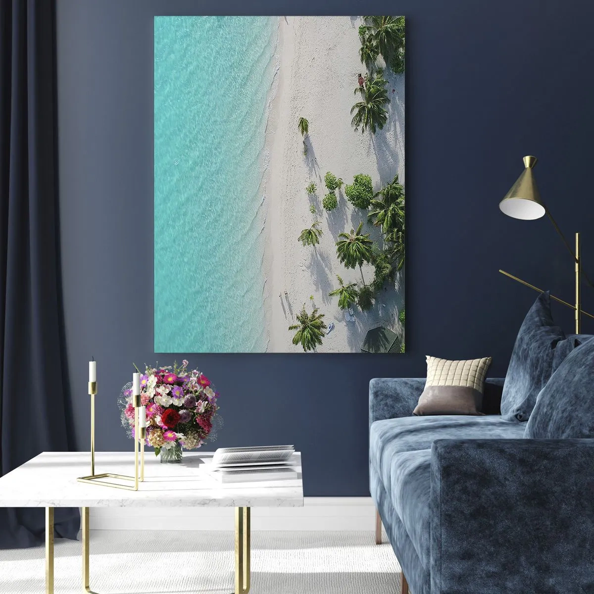 Impression sur verre - Image sur verre - Vue plongeante sur une plage tropicale avec de l'eau turquoise et des palmiers - 70x100cm - Vacances au paradis - Décoration murale moderne pour le salon et la chambre ARTTOR