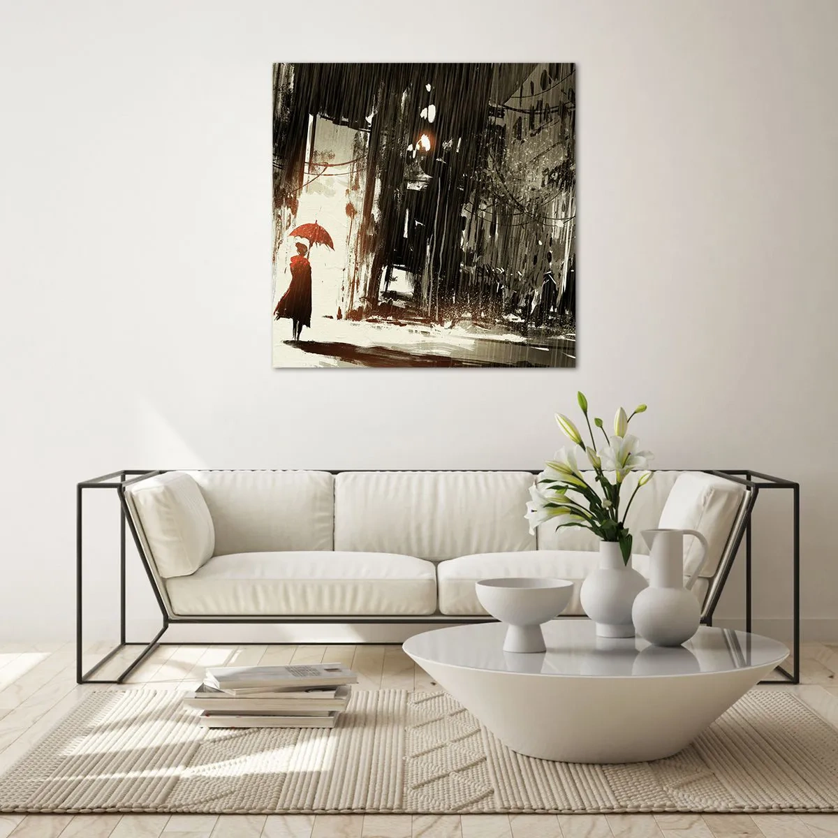 Impression sur verre - Image sur verre - La poésie du parapluie rouge - 40x40 cm