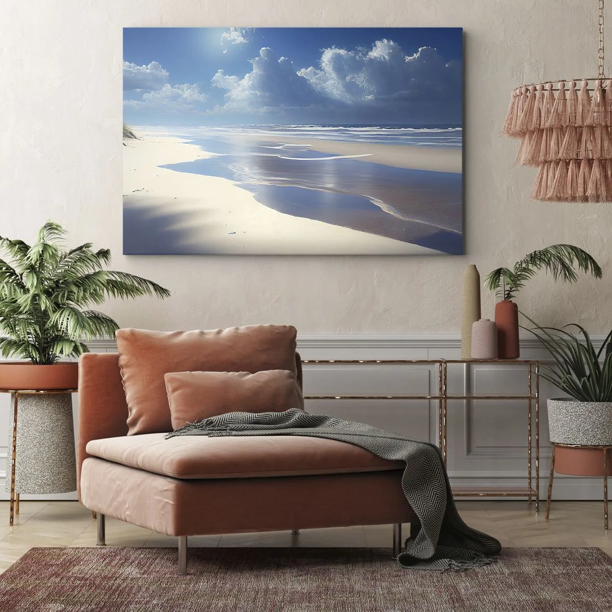 Impression sur toile - Image sur toile - Une plage de sable avec des vagues sous un ciel bleu - 100x70cm - Des vacances paradisiaques - Décoration murale moderne pour le salon et la chambre ARTTOR