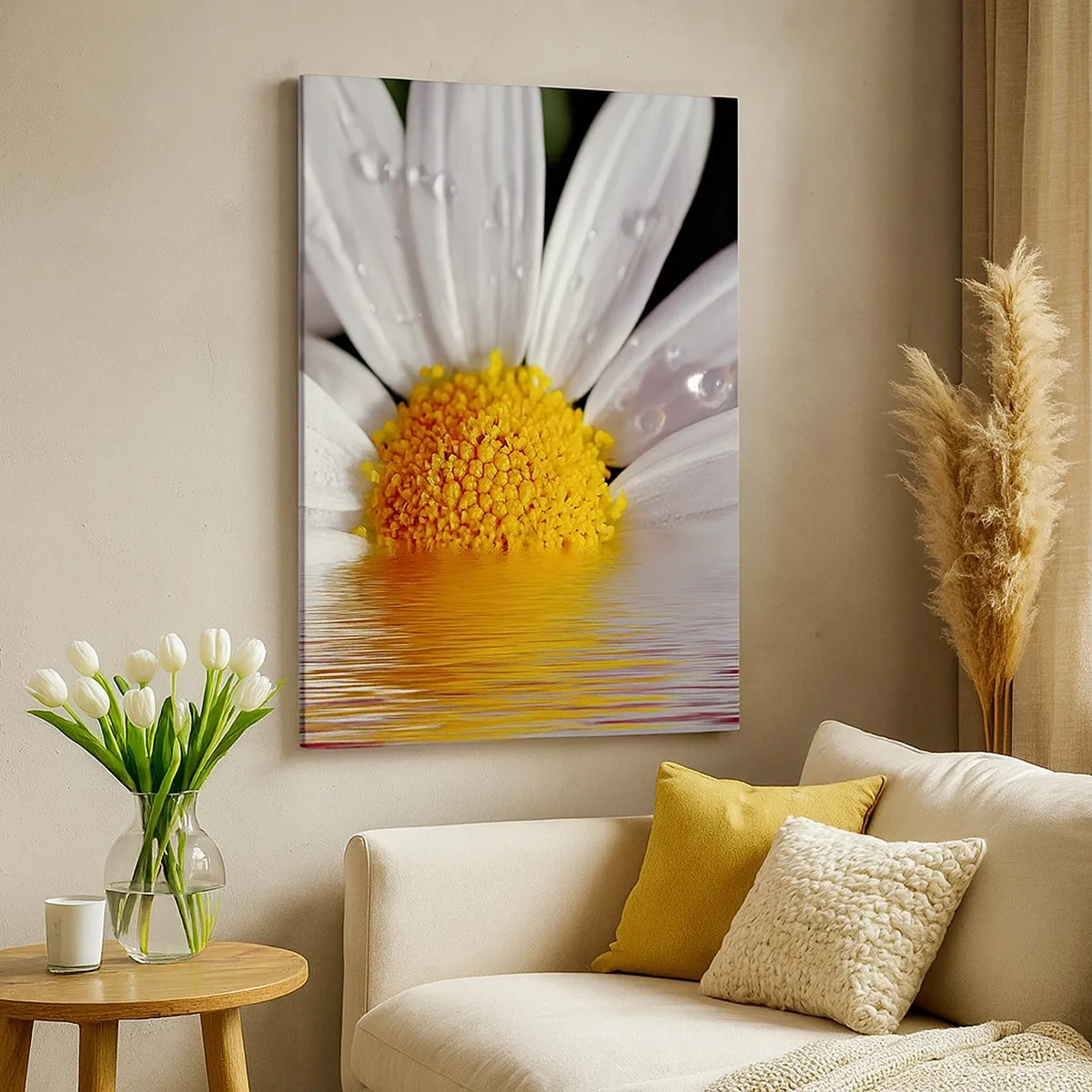 Impression sur toile - Image sur toile - Une marguerite blanche avec des gouttes d'eau immergées dans un reflet d'eau - 50x70cm - Le soleil levant des marguerites - Décoration murale moderne pour le salon et la chambre ARTTOR