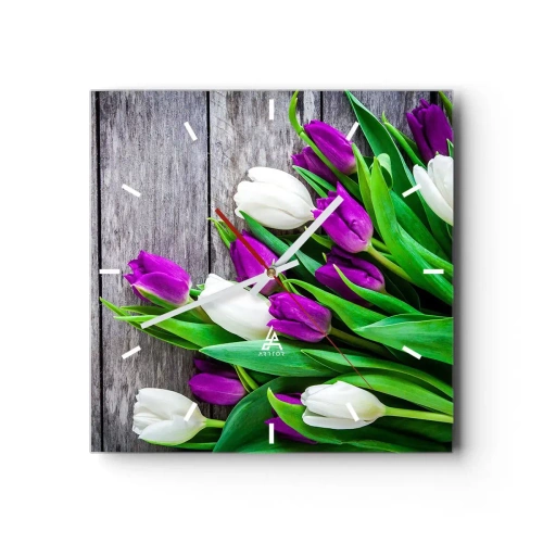 Horloge murale - Pendule murale - Un bouquet de tulipes violettes et blanches sur un fond en bois - 30x30cm - Le jour des vacances de printemps - Décoration murale moderne pour le salon et la chambre ARTTOR
