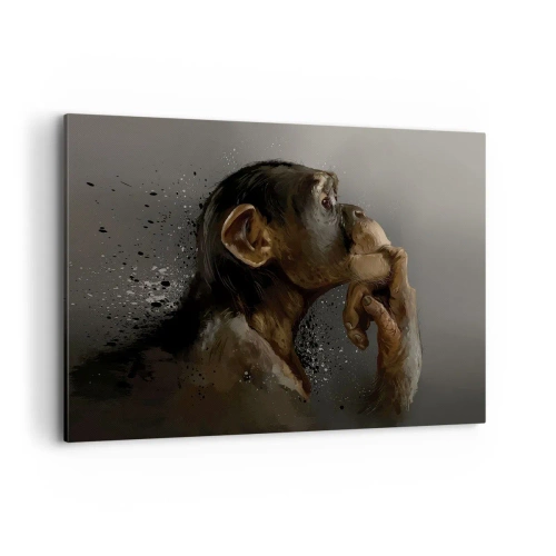 Impression sur toile - Image sur toile - Portrait d'un singe dans une pose réfléchissante sur fond gris - 100x70cm - Certainement un penseur - Décoration murale moderne pour le salon et la chambre ARTTOR