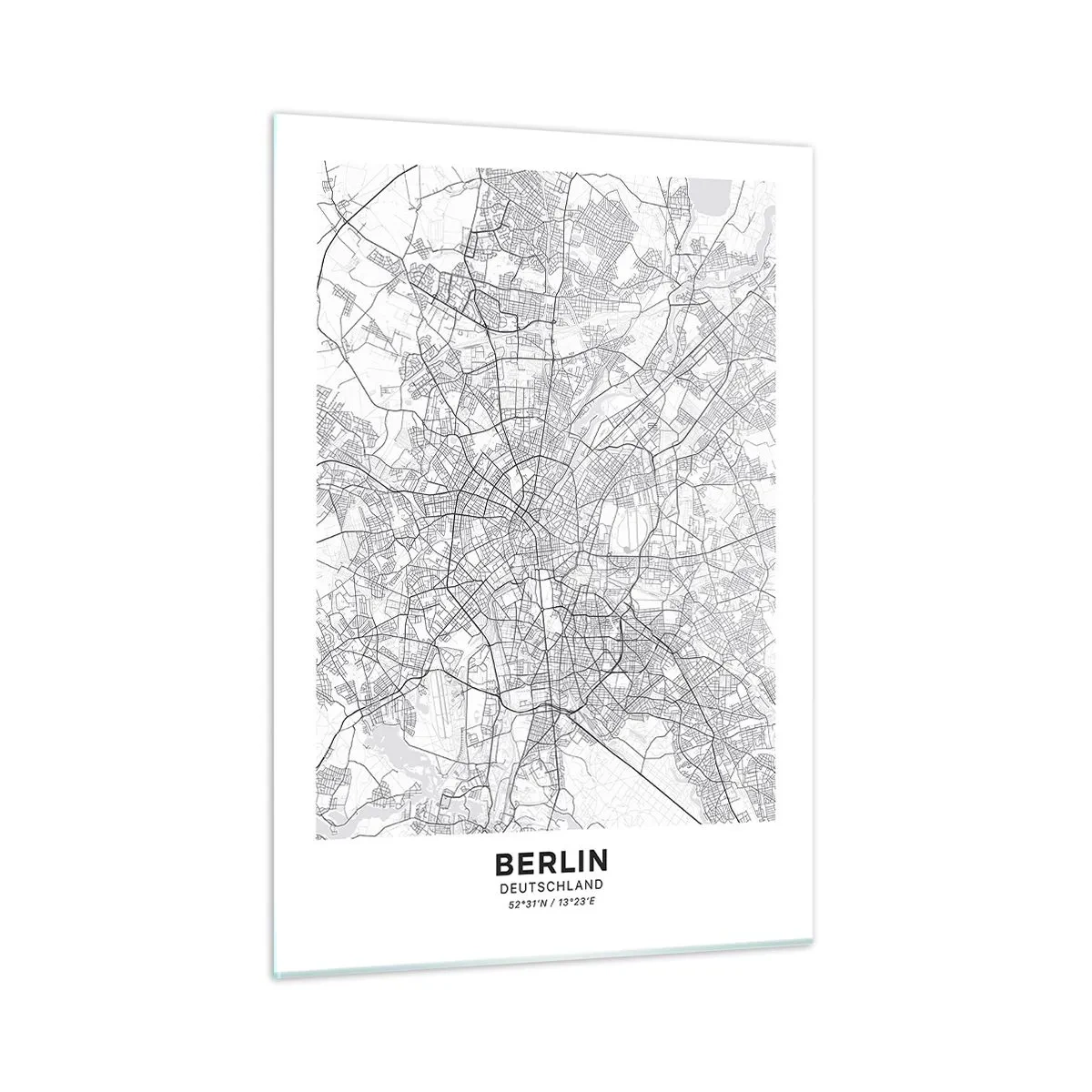 Impression sur verre - Image sur verre - Carte de Berlin en noir et blanc avec un tracé géométrique des rues - 50x70cm - Fleur de Berlin - Décoration murale moderne pour le salon et la chambre ARTTOR