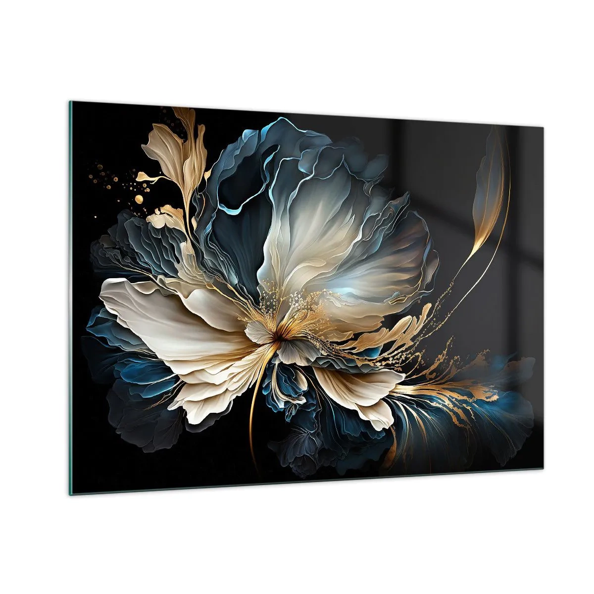 Impression sur verre - Image sur verre - Une fleur fantaisie dans des tons d'or, bleu marine et beige sur noir - 100x70cm - Fleur de fougère de conte de fées - Décoration murale moderne pour le salon et la chambre ARTTOR