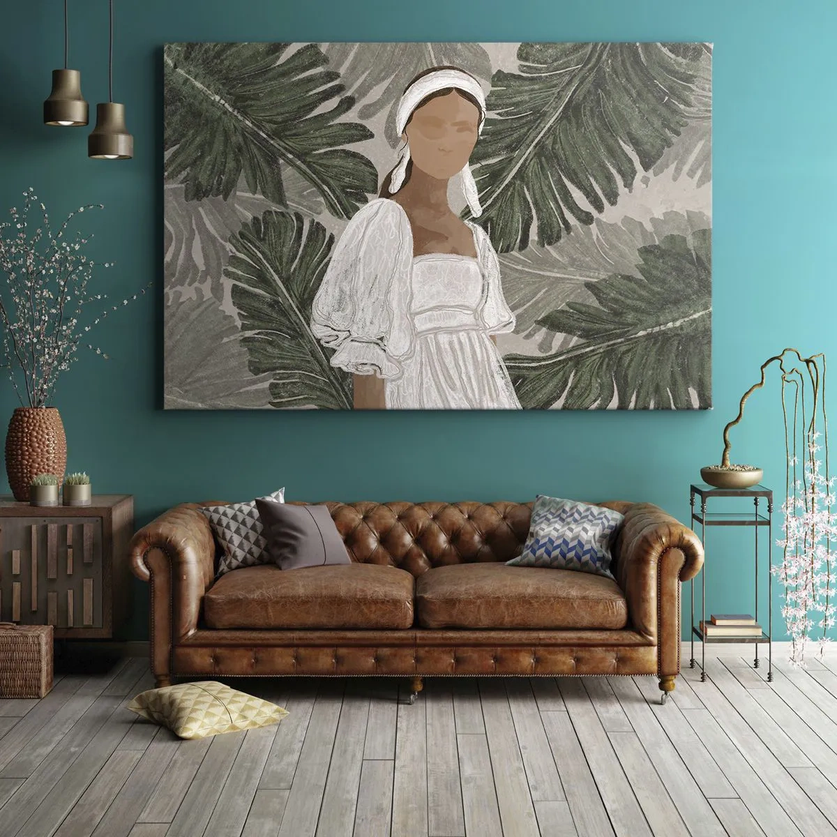 Impression sur toile - Image sur toile - Portrait d'une femme en robe blanche sur fond de feuilles de monstera - 100x70cm - Portrait exotique - Décoration murale moderne pour le salon et la chambre ARTTOR