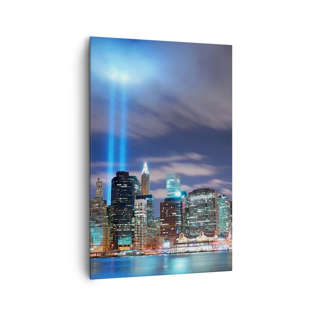 Impression sur toile - Image sur toile - Panorama nocturne de la ville avec deux faisceaux lumineux dans le ciel - 80x120cm - Atteindre le ciel avec la lumière - Décoration murale moderne pour le salon et la chambre ARTTOR