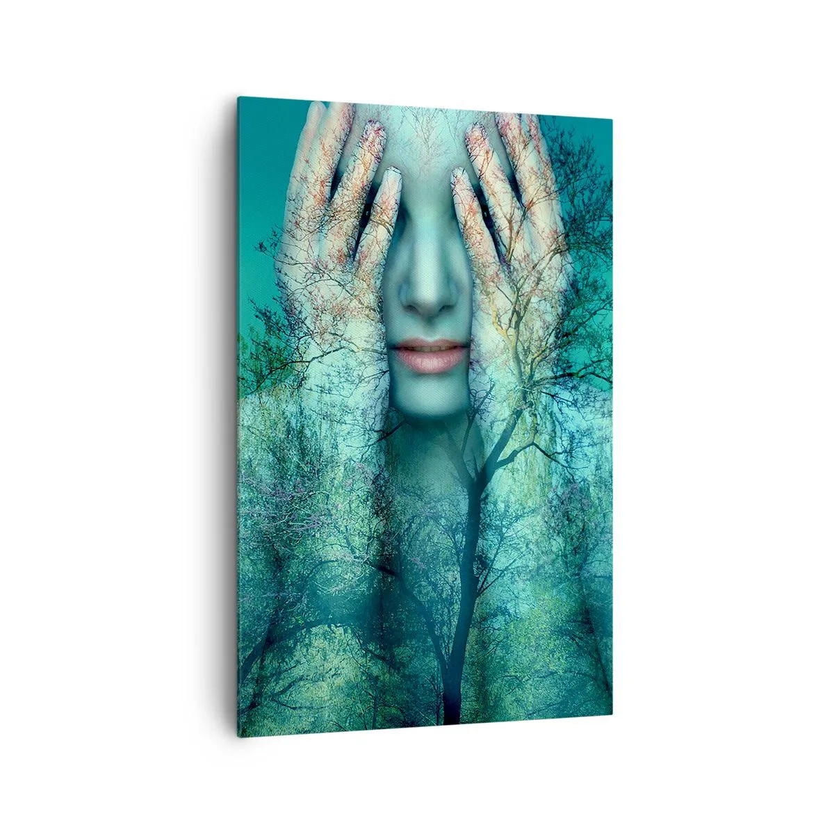 Impression sur toile - Image sur toile - Une figure de femme avec un motif d'arbre sur un fond de paysage turquoise - 80x120cm - immergé dans l'azur - Décoration murale moderne pour le salon et la chambre ARTTOR