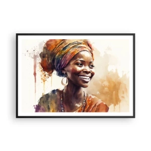 Affiche dans un cadre noir - Poster - Portrait d'une femme souriante dans un foulard coloré à l'aquarelle - 100x70cm - reine africaine - Décoration murale moderne pour le salon et la chambre ARTTOR