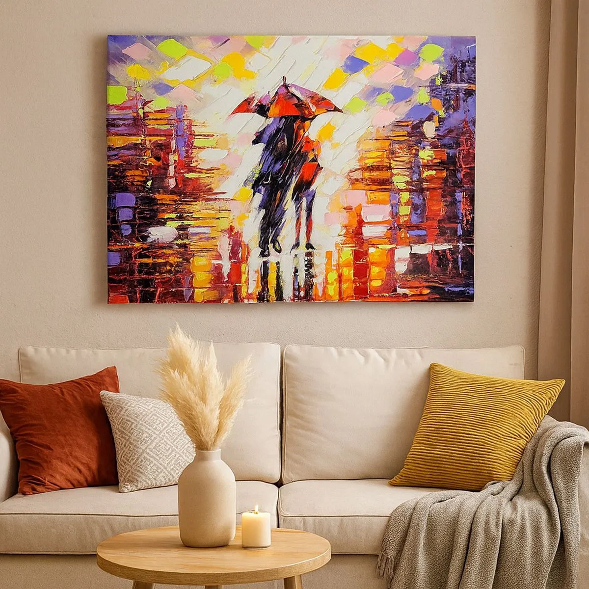 Impression sur toile - Image sur toile - Une scène abstraite d'une promenade sous un parapluie par une nuit pluvieuse. - 70x50cm - Ensemble à travers la nuit et la pluie - Décoration murale moderne pour le salon et la chambre ARTTOR