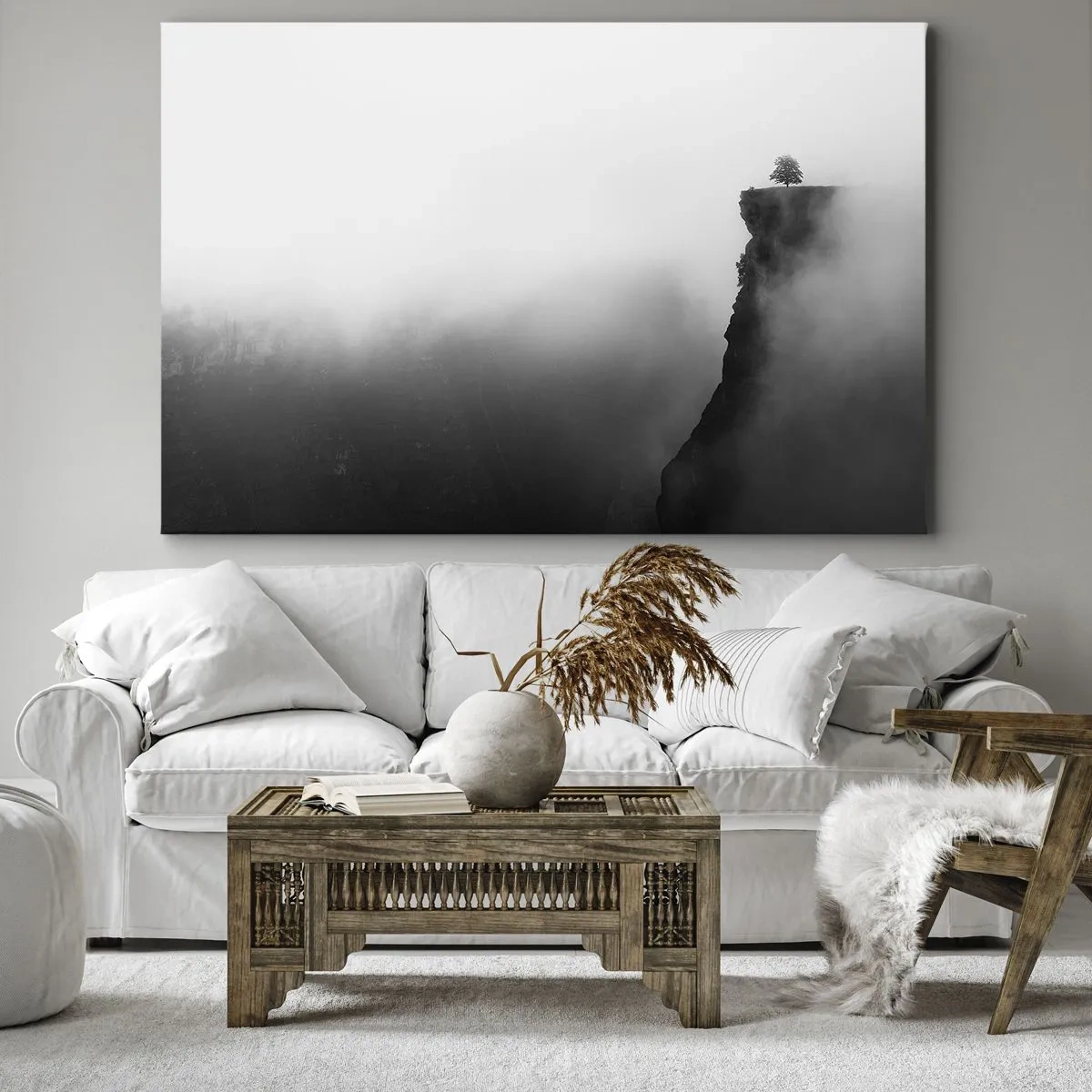 Impression sur toile - Image sur toile - Un arbre solitaire au bord d'une falaise entouré de brouillard - 100x70cm - Au bord du monde - Décoration murale moderne pour le salon et la chambre ARTTOR