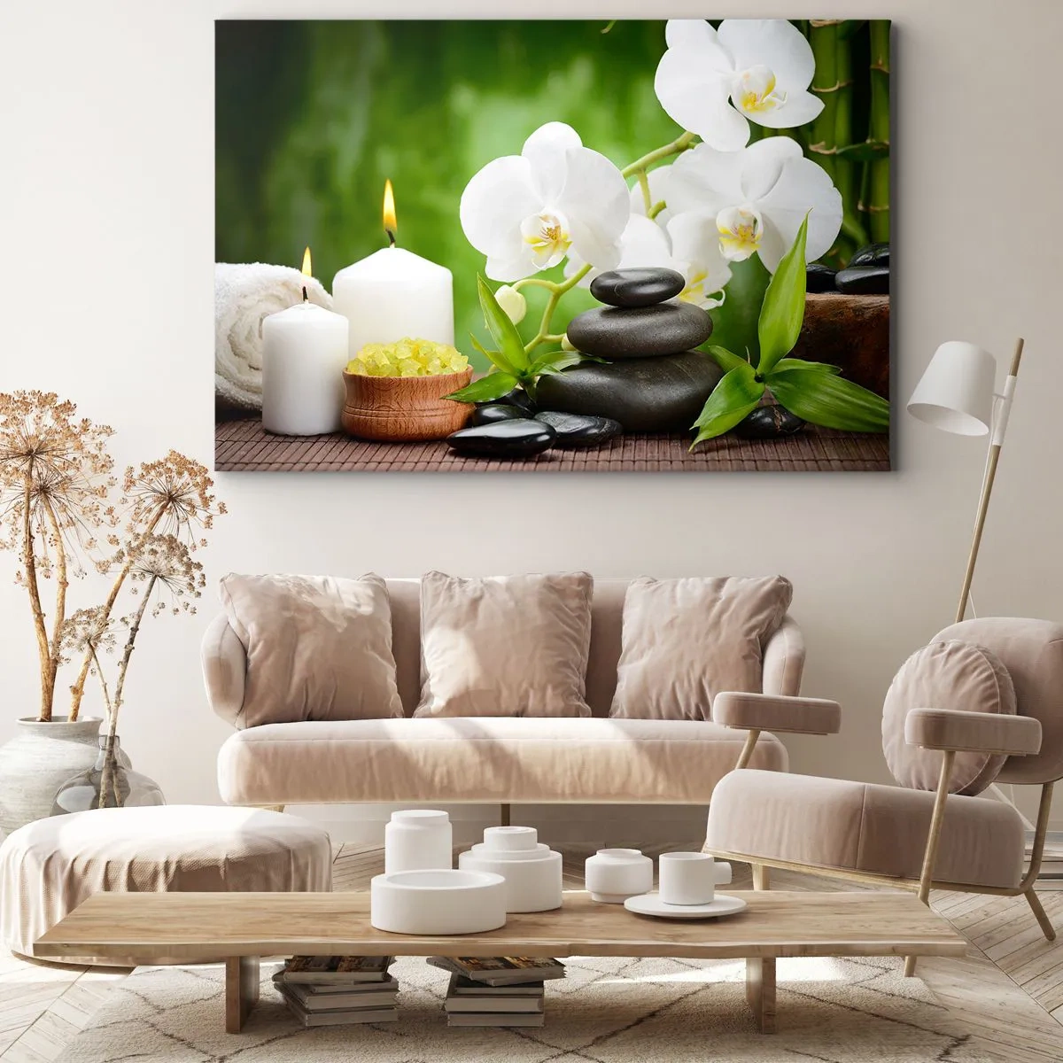 Impression sur toile - Image sur toile - Orchidées, bougies et pierres en pleine nature - 70x50cm - Doux, floral, toucher délicat - Décoration murale moderne pour le salon et la chambre ARTTOR