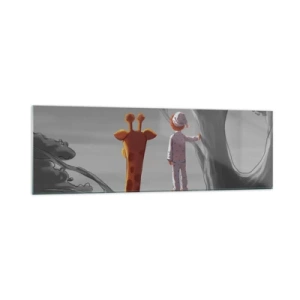 Impression sur verre - Image sur verre - Un enfant et une girafe sur une branche d'arbre dans un paysage de conte de fées - 160x50cm - Cela arrive vraiment - Décoration murale moderne pour le salon et la chambre ARTTOR