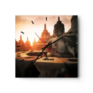 Horloge murale - Pendule murale - Statue de Bouddha au temple de Borobudur au coucher du soleil - 30x30cm - Temps de grande sagesse - Décoration murale moderne pour le salon et la chambre ARTTOR
