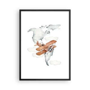 Affiche dans un cadre noir - Poster - Un biplan au-dessus d'une carte du monde dans les nuages - 50x70cm - Dans un esprit pionnier - Décoration murale moderne pour le salon et la chambre ARTTOR