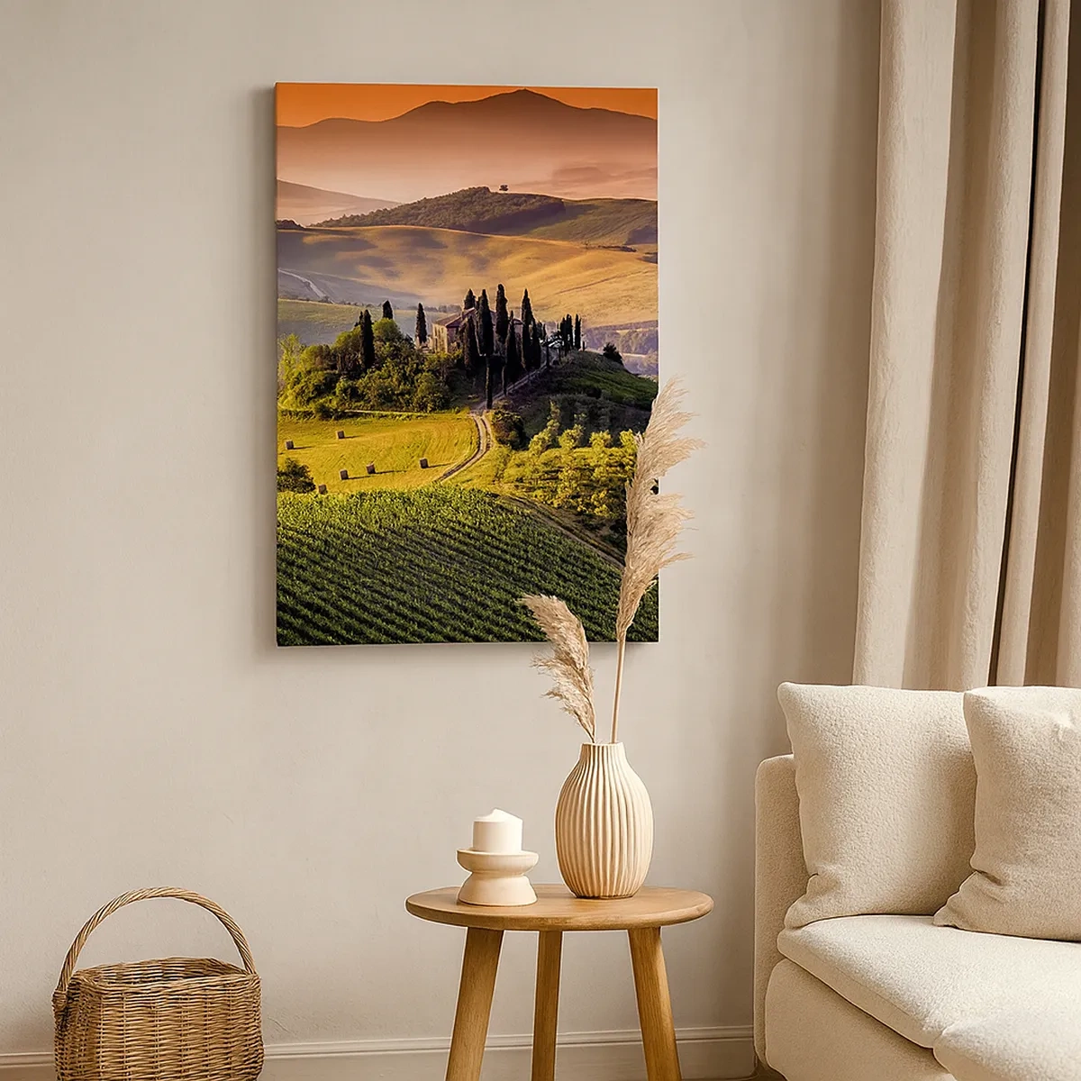 Impression sur toile - Image sur toile - Paysage toscan avec des vignes et une maison sur une colline - 50x70cm - Arcadie - le paysage toscan - Décoration murale moderne pour le salon et la chambre ARTTOR