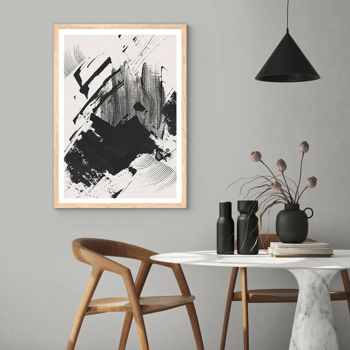 Affiche dans un chêne clair - Poster - Abstraction – expression du noir - 70x100 cm