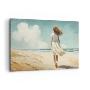 Impression sur toile - Image sur toile - Une femme en robe blanche marchant sur la plage par une journée ensoleillée - 120x80cm - Pour rencontrer le soleil et le vent - Décoration murale moderne pour le salon et la chambre ARTTOR